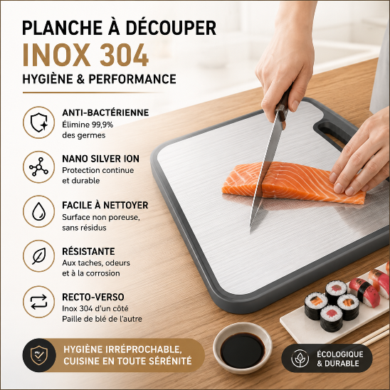 Planche à découper inox 304 recto verso avec bac récupérateur, surface non poreuse et préparation de saumon pour sushis