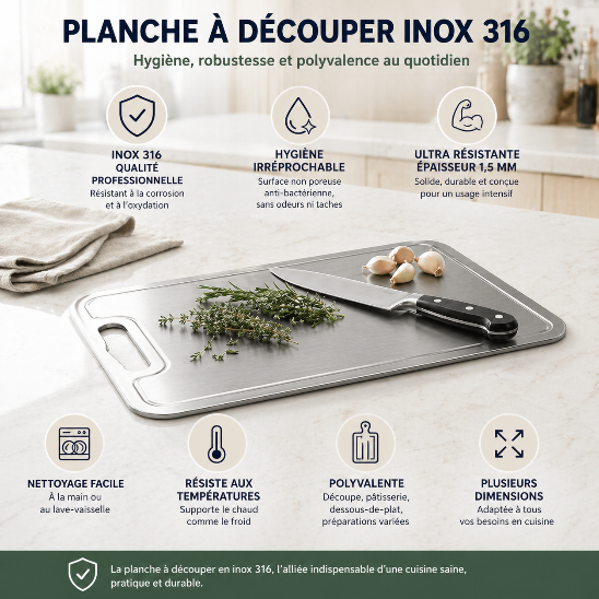 planche à découper inox 316 professionnelle hygiène antibactérienne épaisseur 1.5 mm cuisine