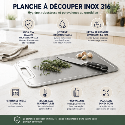 planche à découper inox 316 professionnelle hygiène antibactérienne épaisseur 1.5 mm cuisine