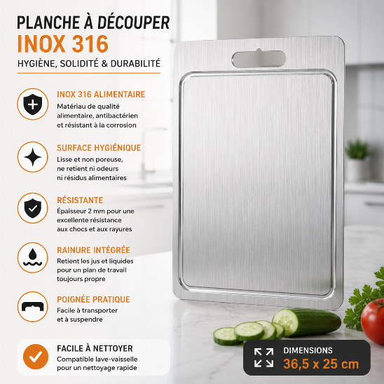 Planche à découper inox 316 avec rainure récupératrice de jus, poignée intégrée et surface hygiénique en acier inoxydable alimentaire