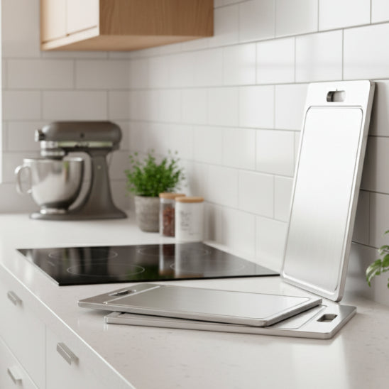 planche à découper inox avec poignée de suspension