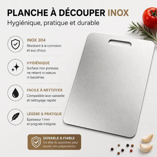 Planche à découper inox cuisine en inox 304 hygiénique légère et facile à nettoyer