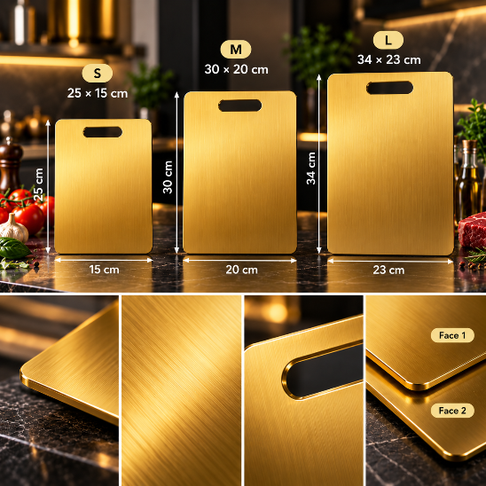 planche à découper inox dorée Planx Gold dimensions