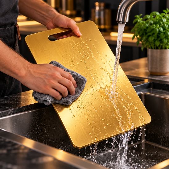 planche à découper inox dorée Planx Gold nettoyage