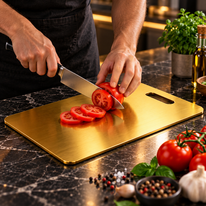 planche à découper inox dorée Planx Gold tomate