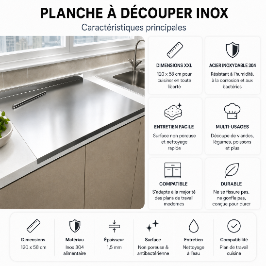 planche à découper inox encastrable 120x58 cm plan de travail cuisine moderne inox 304 alimentaire surface antibactérienne entretien facile compatible cuisine moderne multi-usages