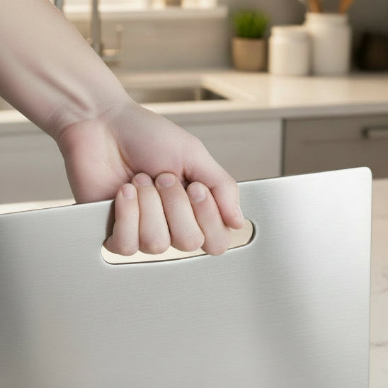 planche à découper inox tenue par la poignée