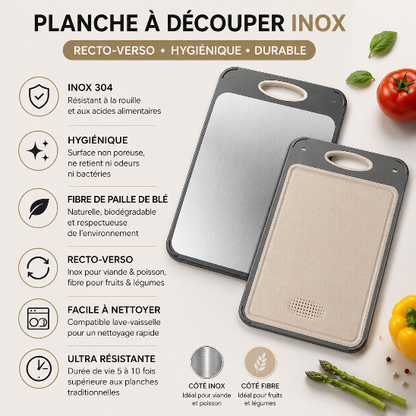 Planche à découper inox recto verso avec face inox 304 et face en fibre de paille de blé pour une cuisine hygiénique et durable