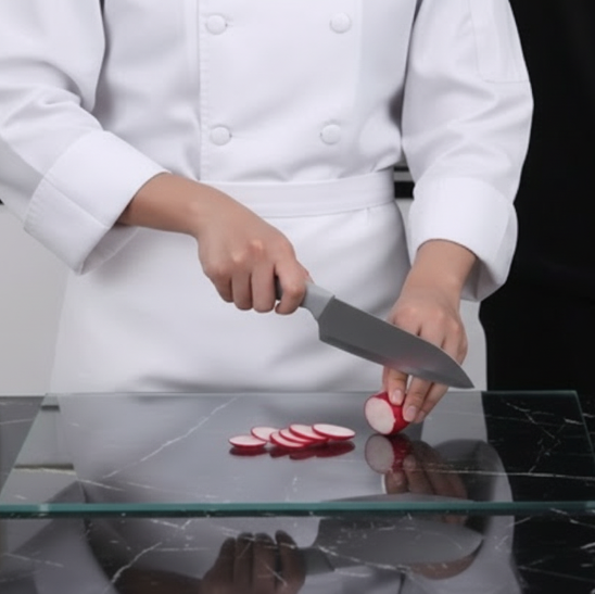 planche à découper sur plan de travail chef de cuisine