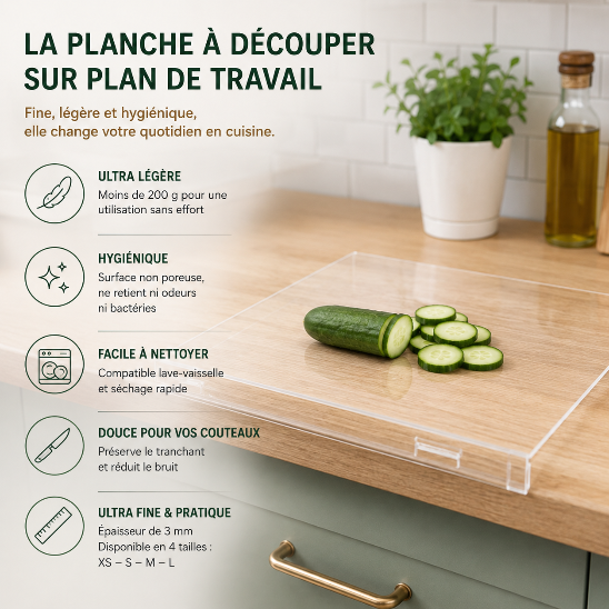 planche à découper sur plan de travail ultra légère hygiénique compatible lave vaisselle 3mm cuisine modernisée