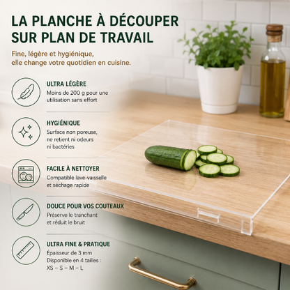 planche à découper sur plan de travail ultra légère hygiénique compatible lave vaisselle 3mm cuisine modernisée