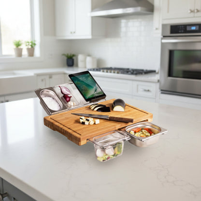 planche en bois à découper avec bac plastique et inox