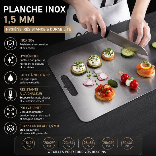 Planche à découper inox 1,5 mm inox 304 surface non poreuse durable et compatible lave-vaisselle