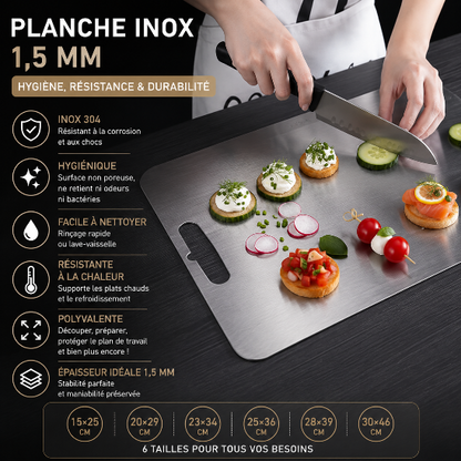 Planche à découper inox 1,5 mm inox 304 surface non poreuse durable et compatible lave-vaisselle