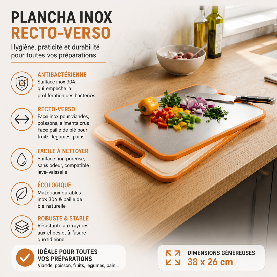 Planche inox antibactérienne recto verso 38 x 26 cm avec face inox 304 et face en paille de blé, idéale pour la découpe des légumes et la préparation des repas