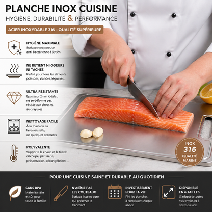 planche inox cuisine 316 utilisation chef découpe saumon surface hygiénique professionnelle