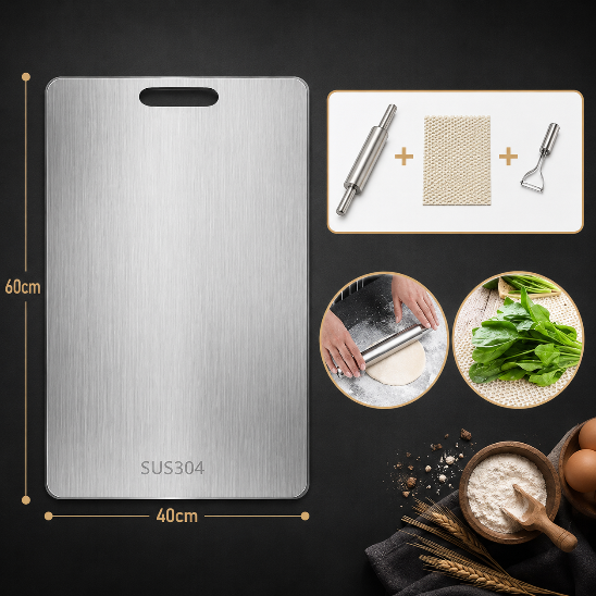 Planche inox cuisine 60x40 cm en inox 304 alimentaire avec accessoires complets pour la pâtisserie et la préparation culinaire