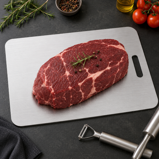 Grande planche inox cuisine 60x40 cm en acier inoxydable 304 avec pièce de bœuf, surface hygiénique non poreuse idéale pour les préparations culinaires