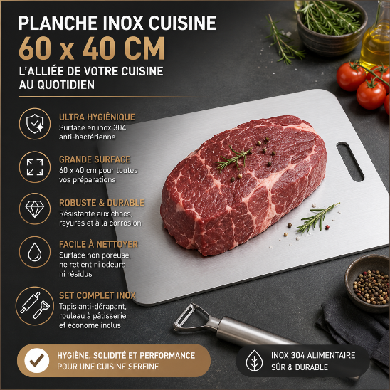Planche inox cuisine 60x40 cm en inox 304 alimentaire avec grande surface de préparation hygiénique et durable
