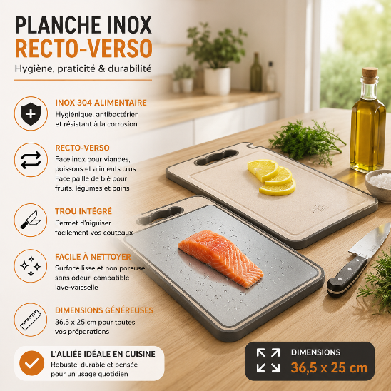 Planche inox recto verso avec face inox 304 et face en paille de blé, surface hygiénique antibactérienne, poignée intégrée et dimensions 36,5 x 25 cm