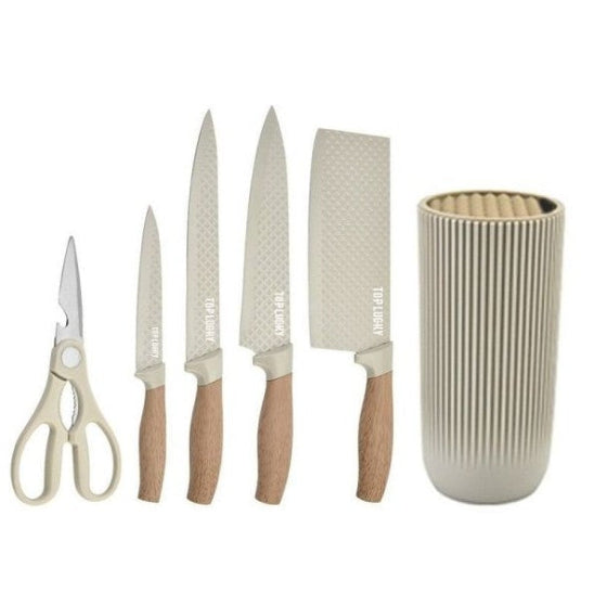 set de couteau de cuisine beige et bois avec rangement