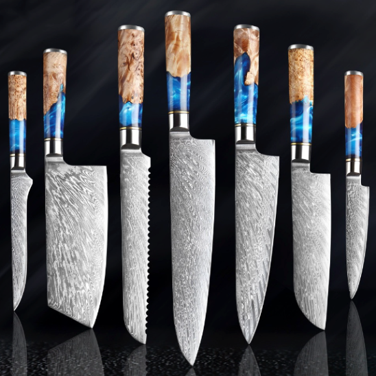 set de couteaux de cuisine bleu et sable