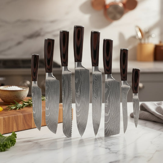 set de couteaux de cuisine complet en damas marron