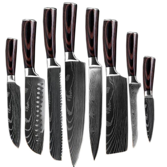 set de couteaux de cuisine complet en damas marron