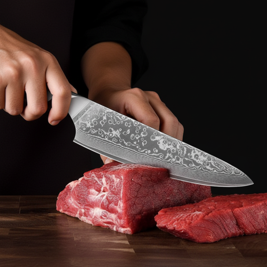 set de couteaux de cuisine damas tranche viande rouge