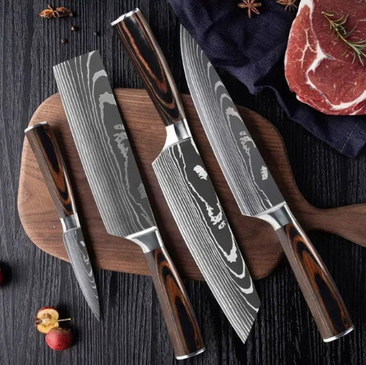 set de couteaux de cuisine en damas marron 